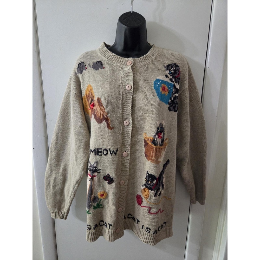 Vintage Quacker Factory Cat Cardigan Sweater Size 1X Embroidered 90s Kitty